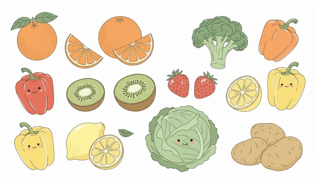 ビタミンCが多い食品をまとめたイラスト。みかんやいちごなどの果物や、パプリカ、ブロッコリーなどの野菜が描かれている。
